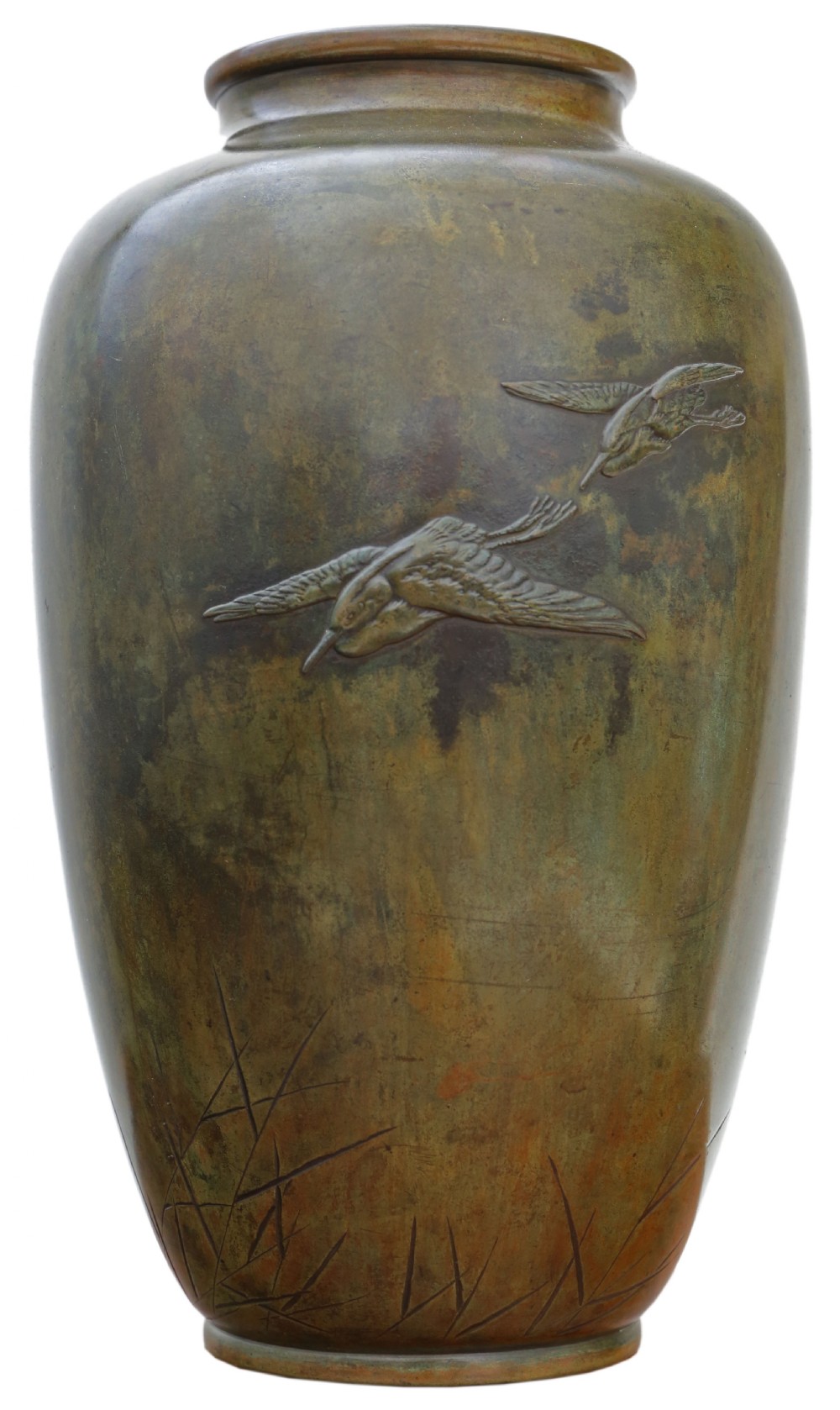 A Japanese Meiji period bronze vase featuring a relief-carved heron standing among aquatic reeds against a patinated dark brown surface. View III