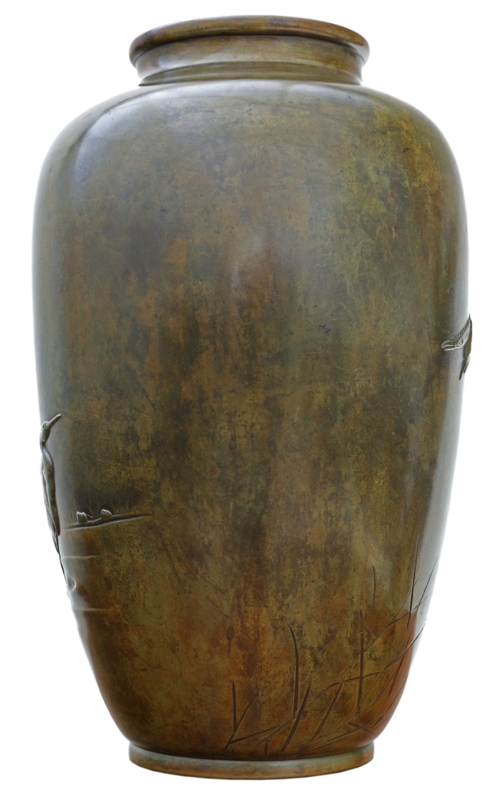 A Japanese Meiji period bronze vase featuring a relief-carved heron standing among aquatic reeds against a patinated dark brown surface. View IV