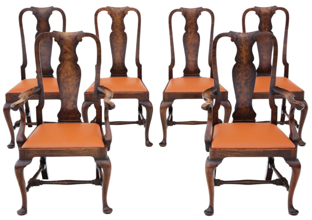 Antique fine quality set of six Queen Anne revival burr walnut dining chairs C1910