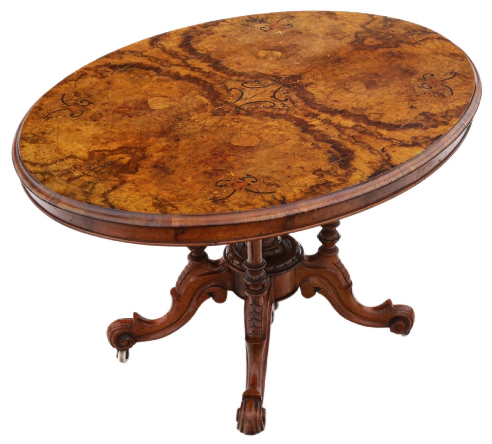 Antique fine quality 19th Century Victorian burr walnut marquetry oval loo breakfast table tilt top C1870 View II