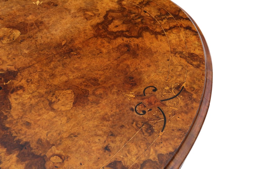 Antique fine quality 19th Century Victorian burr walnut marquetry oval loo breakfast table tilt top C1870 View III