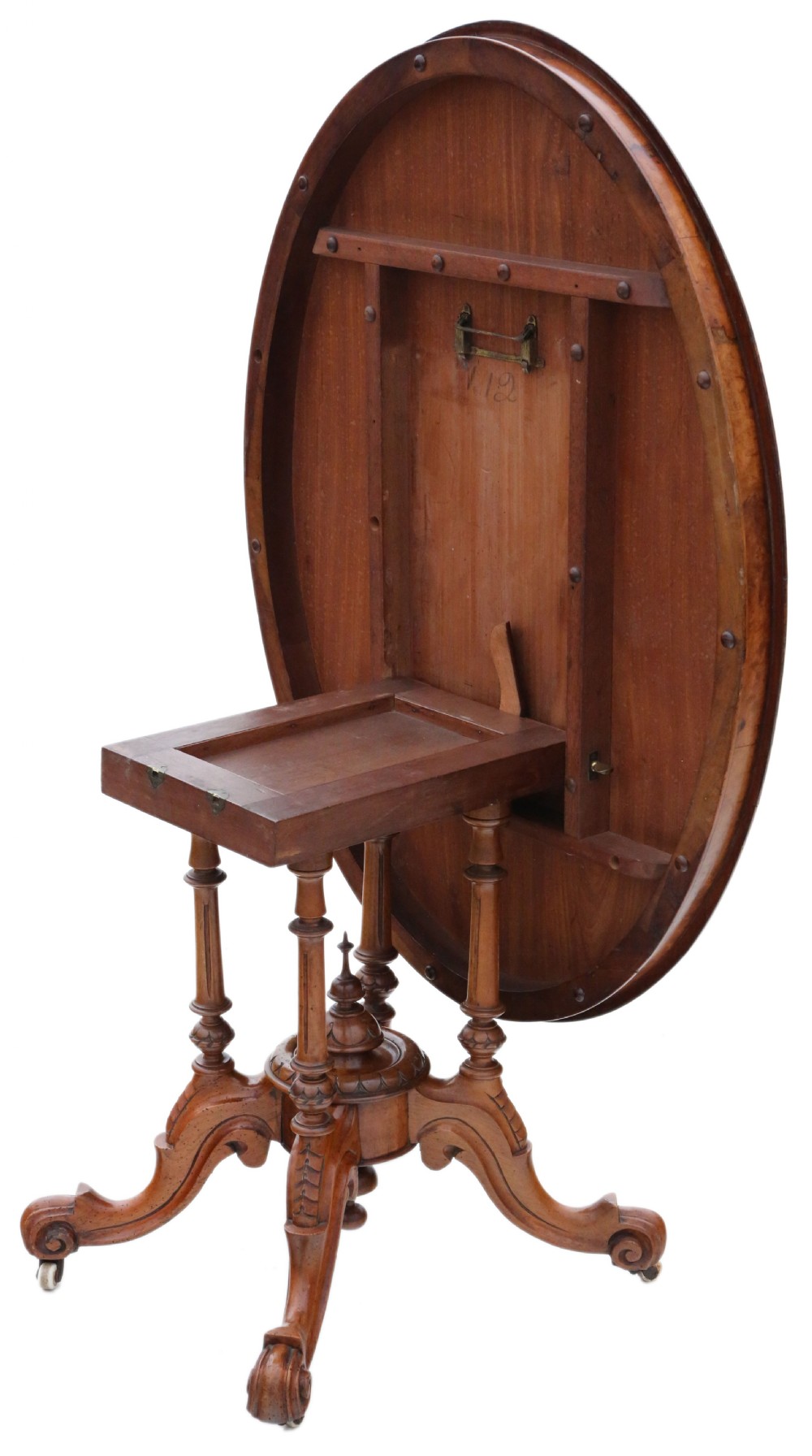 Antique fine quality 19th Century Victorian burr walnut marquetry oval loo breakfast table tilt top C1870 View IV