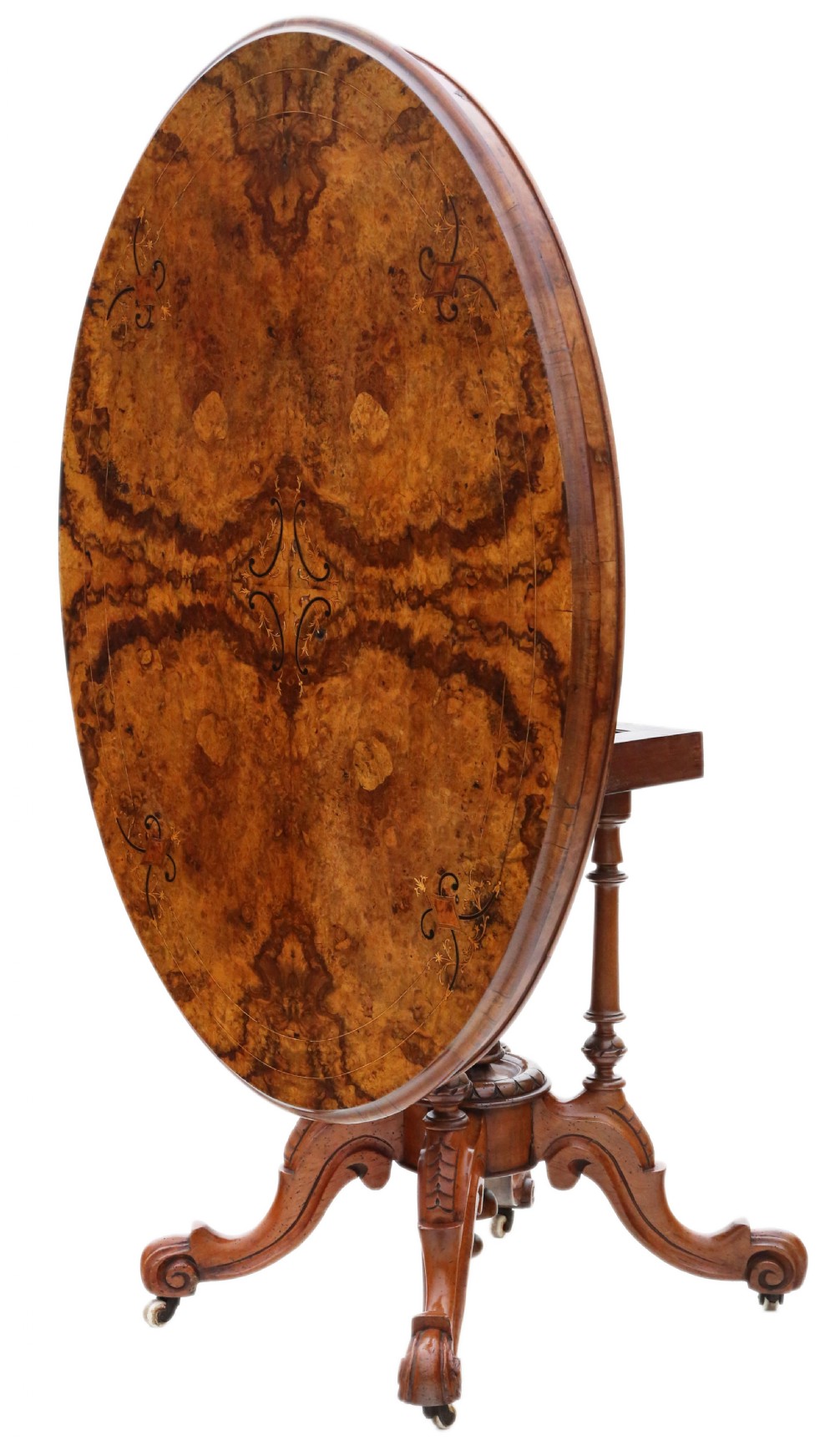 Antique fine quality 19th Century Victorian burr walnut marquetry oval loo breakfast table tilt top C1870 View VI