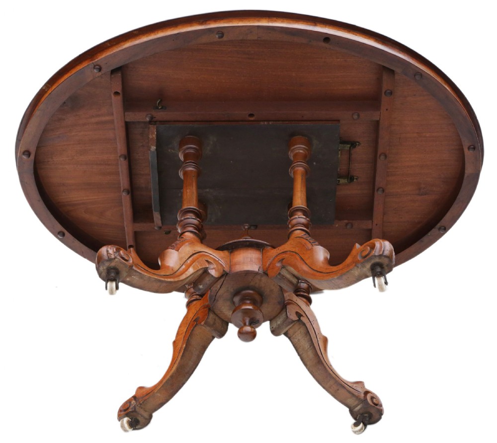Antique fine quality 19th Century Victorian burr walnut marquetry oval loo breakfast table tilt top C1870 View VIII