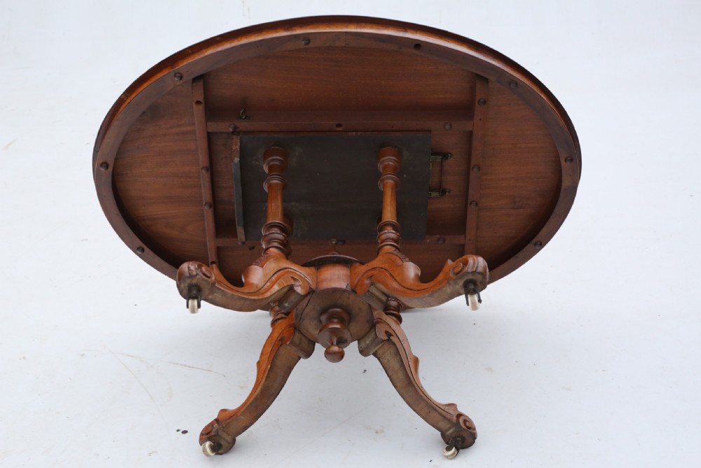 Antique fine quality 19th Century Victorian burr walnut marquetry oval loo breakfast table tilt top C1870 View IX