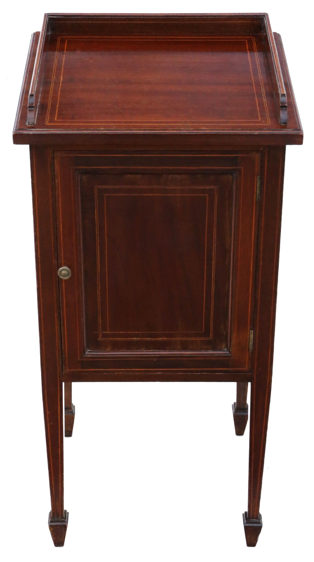 Antique fine quality Edwardian Georgian revival tray top inlaid mahogany bedside table cupboard C1910