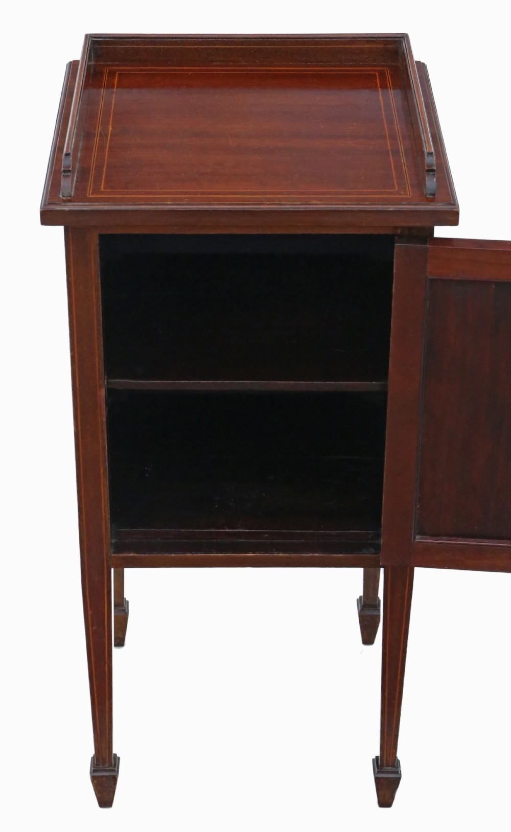 Antique fine quality Edwardian Georgian revival tray top inlaid mahogany bedside table cupboard C1910 View II