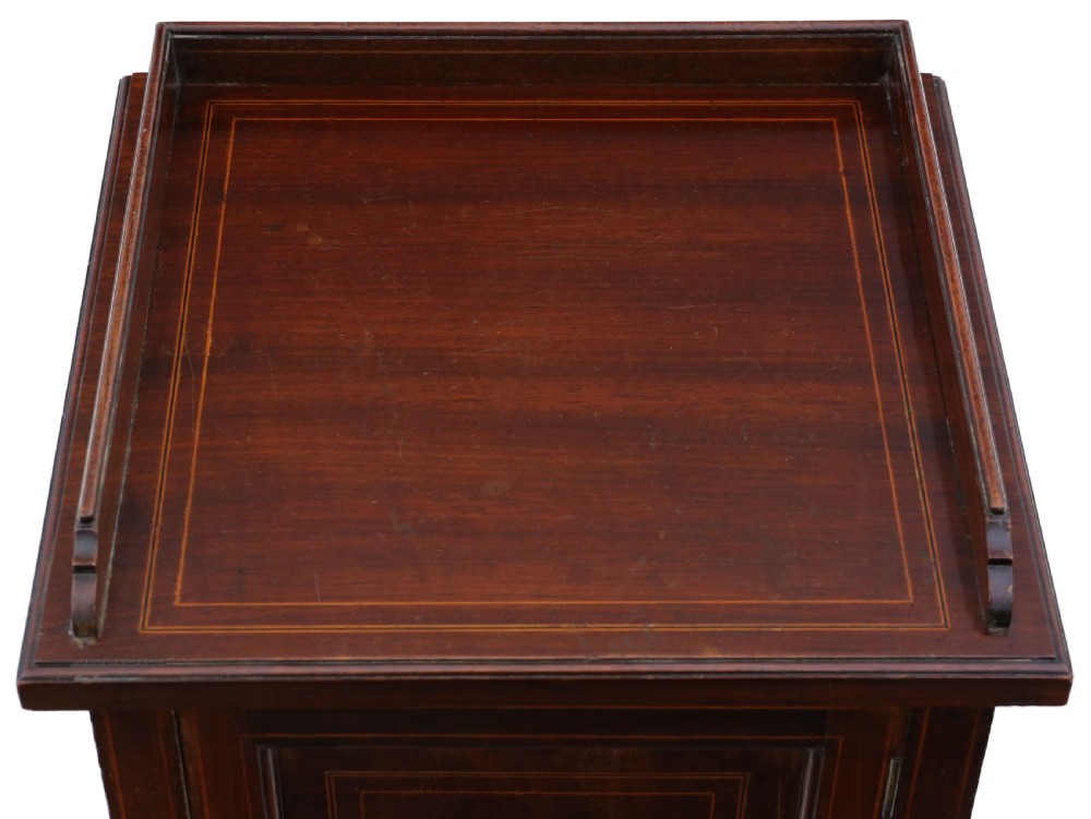 Antique fine quality Edwardian Georgian revival tray top inlaid mahogany bedside table cupboard C1910 View III