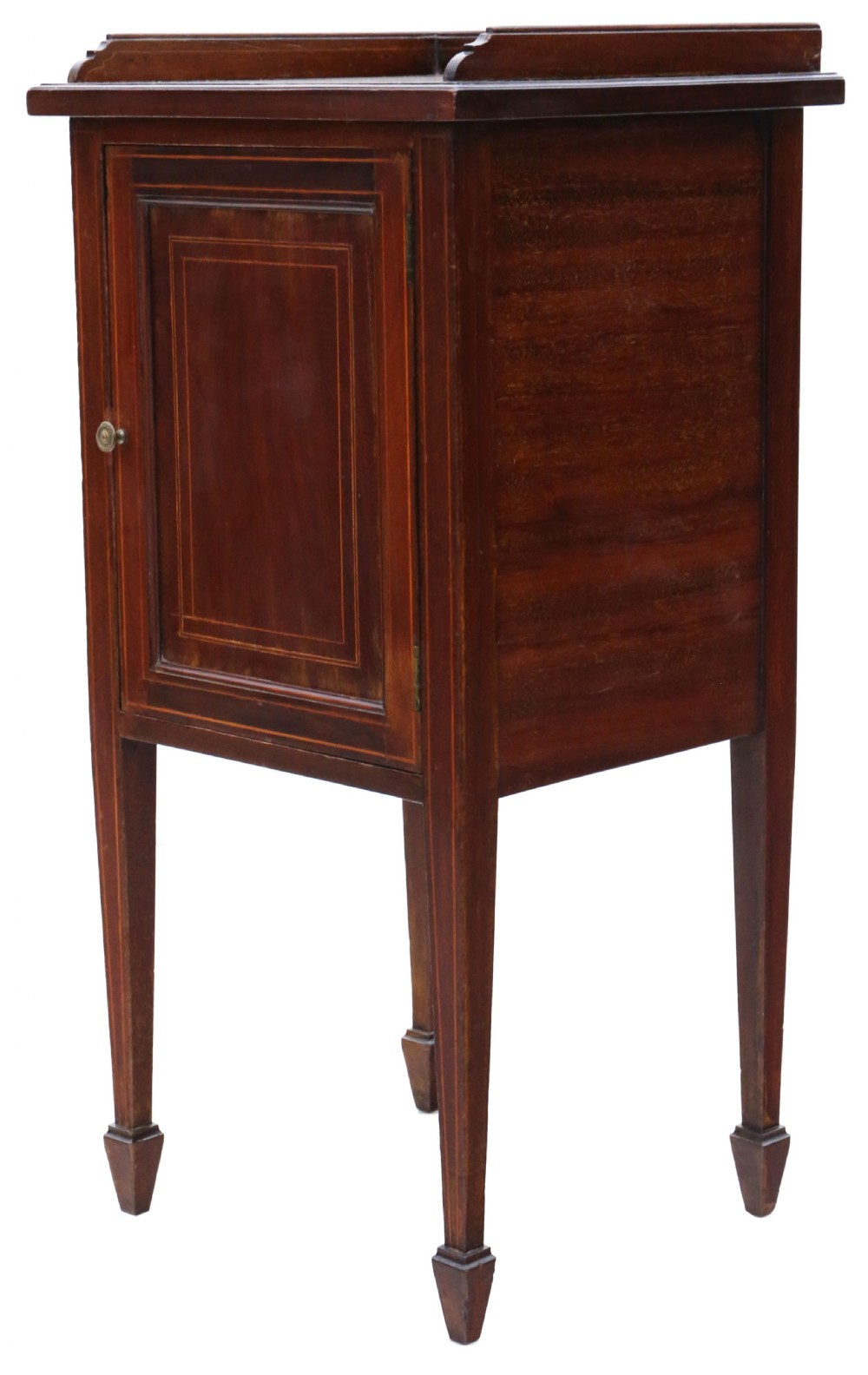 Antique fine quality Edwardian Georgian revival tray top inlaid mahogany bedside table cupboard C1910 View IV