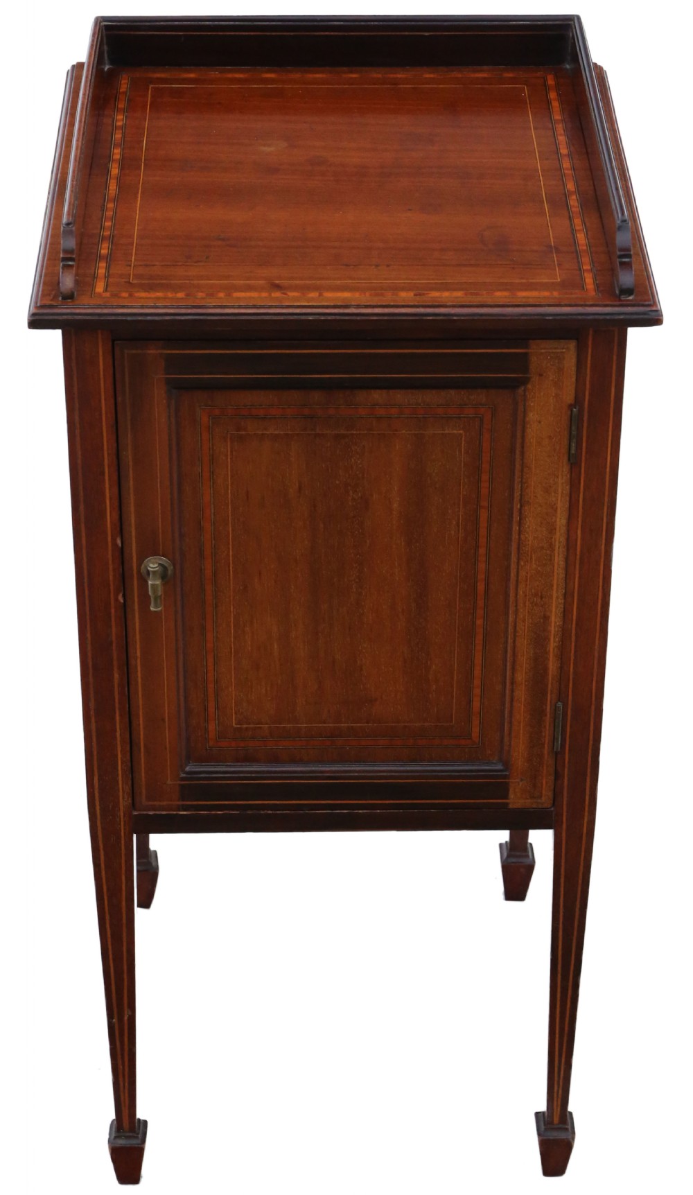 Antique fine quality Georgian revival tray top inlaid mahogany bedside table cupboard C1910