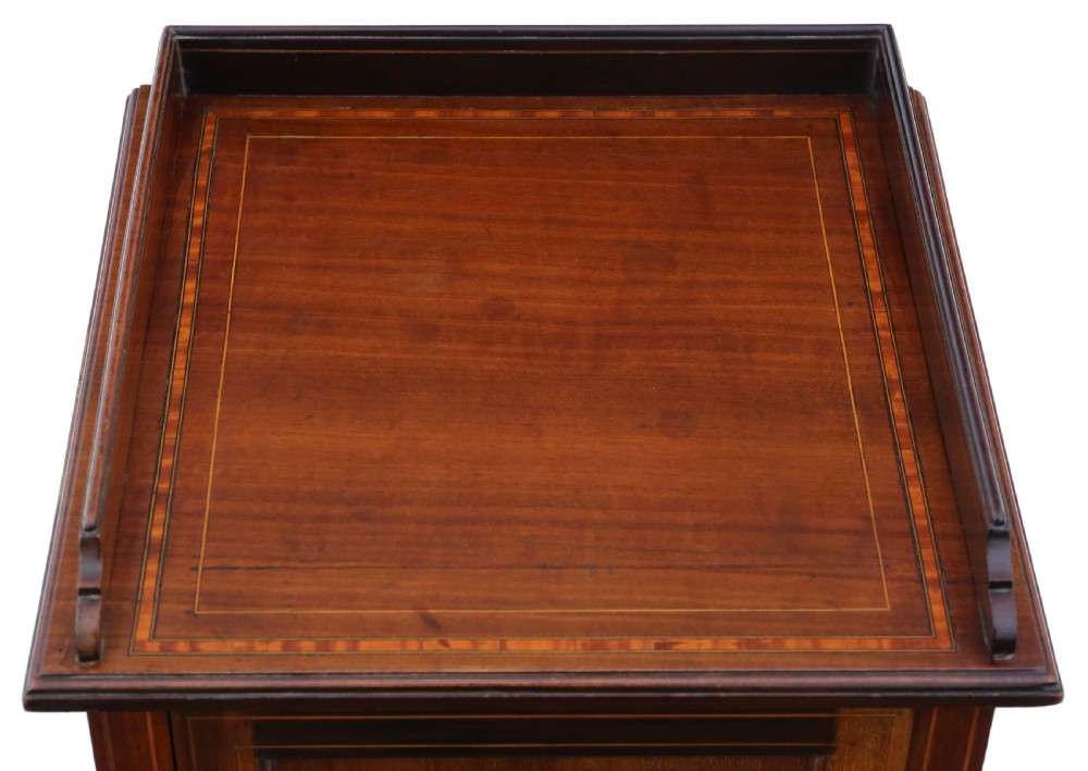 Antique fine quality Georgian revival tray top inlaid mahogany bedside table cupboard C1910 View II