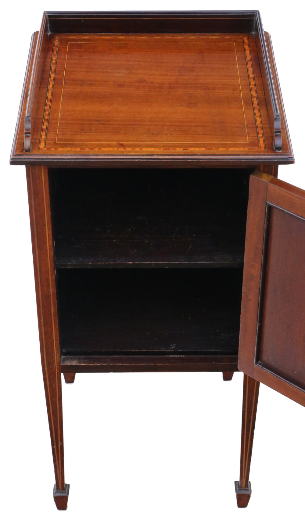 Antique fine quality Georgian revival tray top inlaid mahogany bedside table cupboard C1910 View III