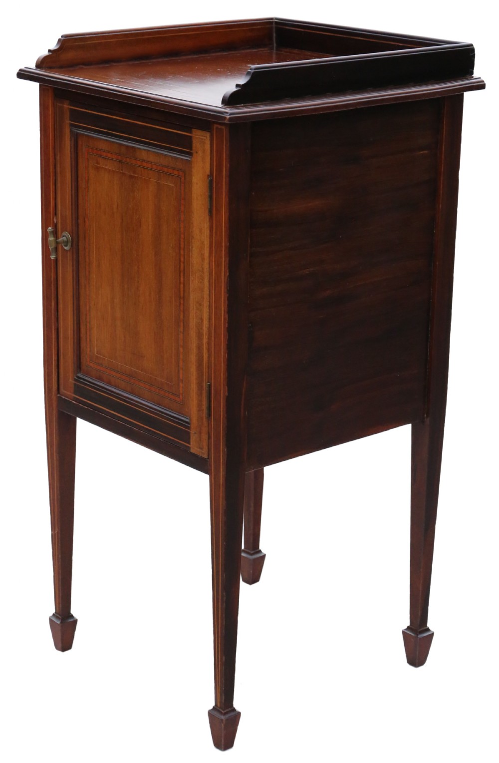 Antique fine quality Georgian revival tray top inlaid mahogany bedside table cupboard C1910 View IV