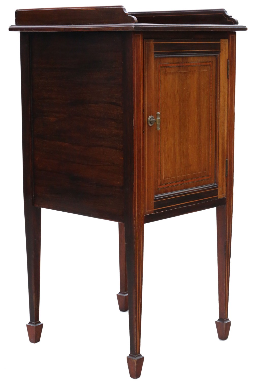 Antique fine quality Georgian revival tray top inlaid mahogany bedside table cupboard C1910 View V