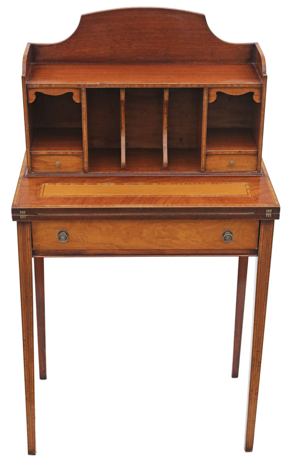 Antique fine quality small Georgian revival satin birch and mahogany writing table C1920