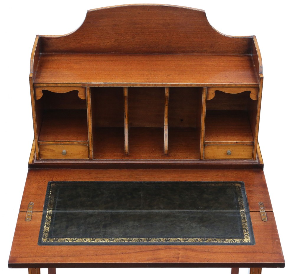 Antique fine quality small Georgian revival satin birch and mahogany writing table C1920 View III