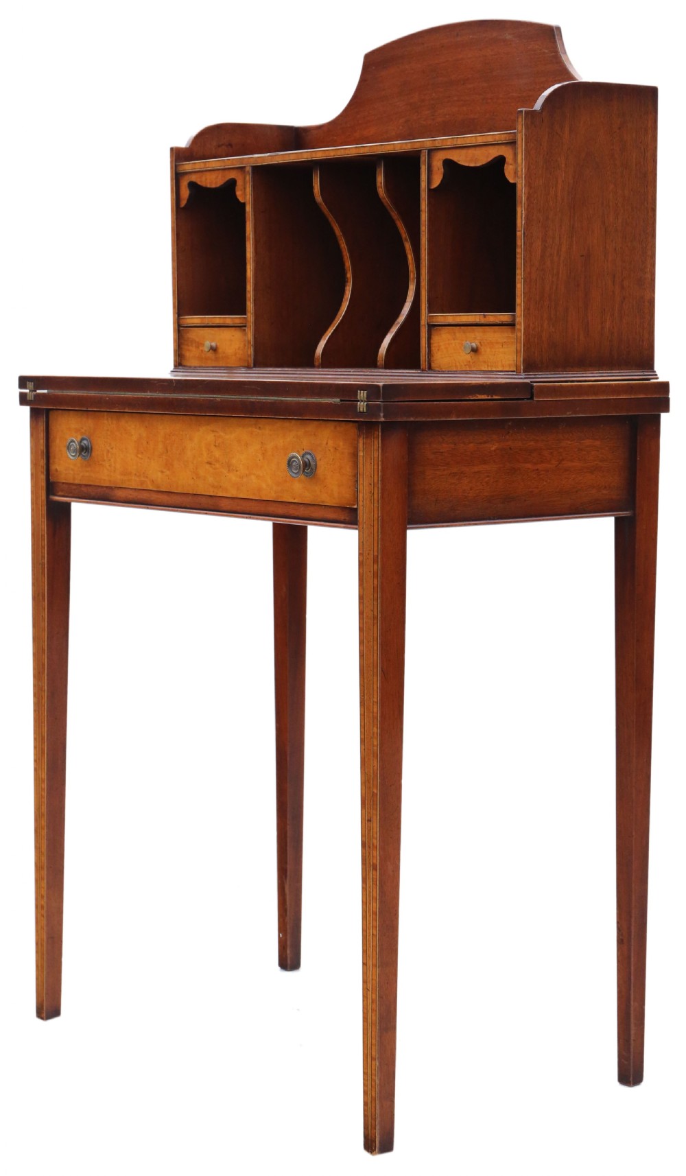 Antique fine quality small Georgian revival satin birch and mahogany writing table C1920 View IV