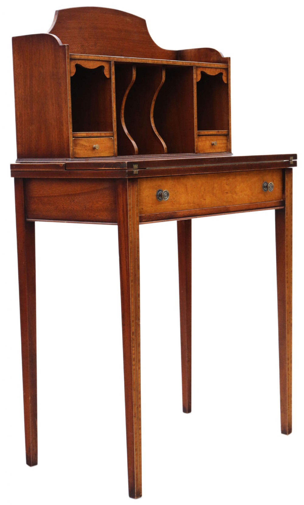 Antique fine quality small Georgian revival satin birch and mahogany writing table C1920 View VI
