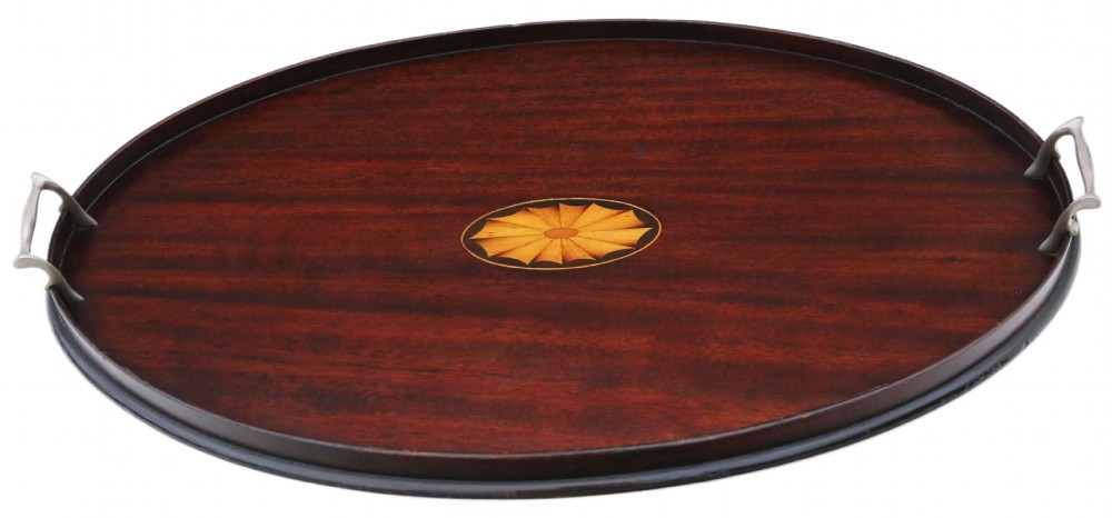 Antique Victorian quality inlaid mahogany oval serving tray tea C1890