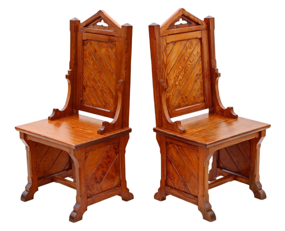 Antique quality pair of Gothic pitch pine throne hall chairs C1900 View II