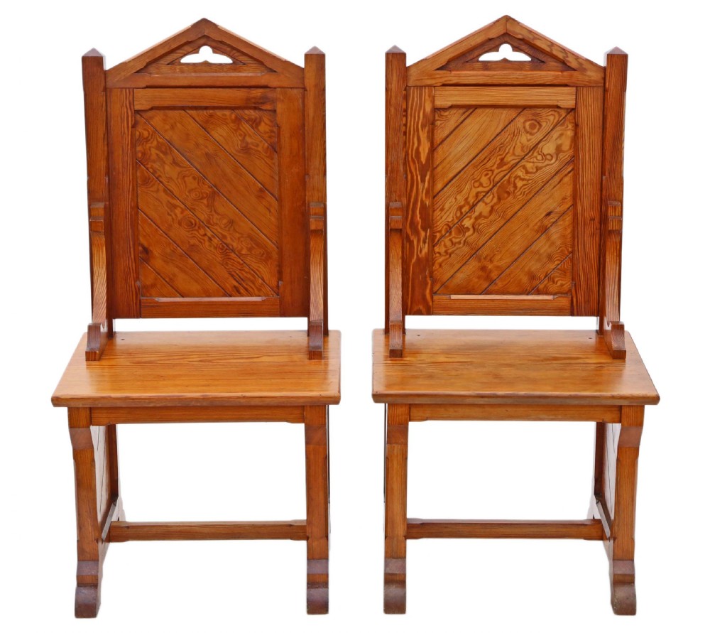 Antique quality pair of Gothic pitch pine throne hall chairs C1900 View III