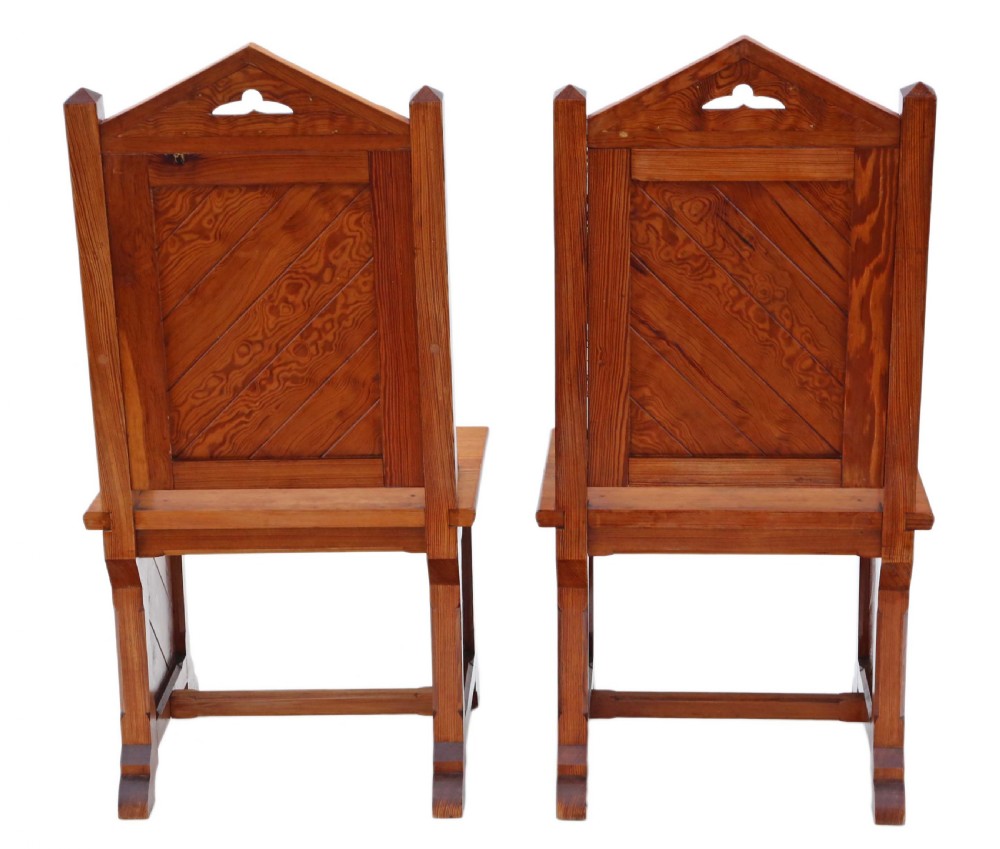 Antique quality pair of Gothic pitch pine throne hall chairs C1900 View VII
