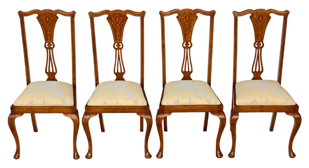 Antique set of four Victorian C1900 marquetry inlaid mahogany dining chairs
