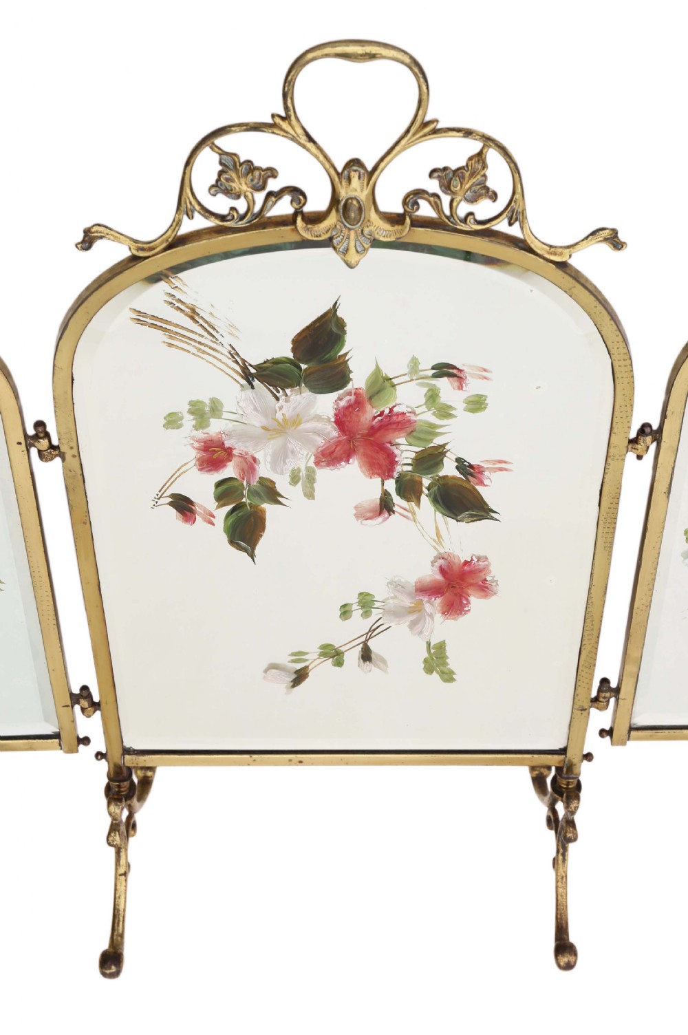Antique Victorian brass decorated bevel edge glass fire fireplace screen 19th Century View III
