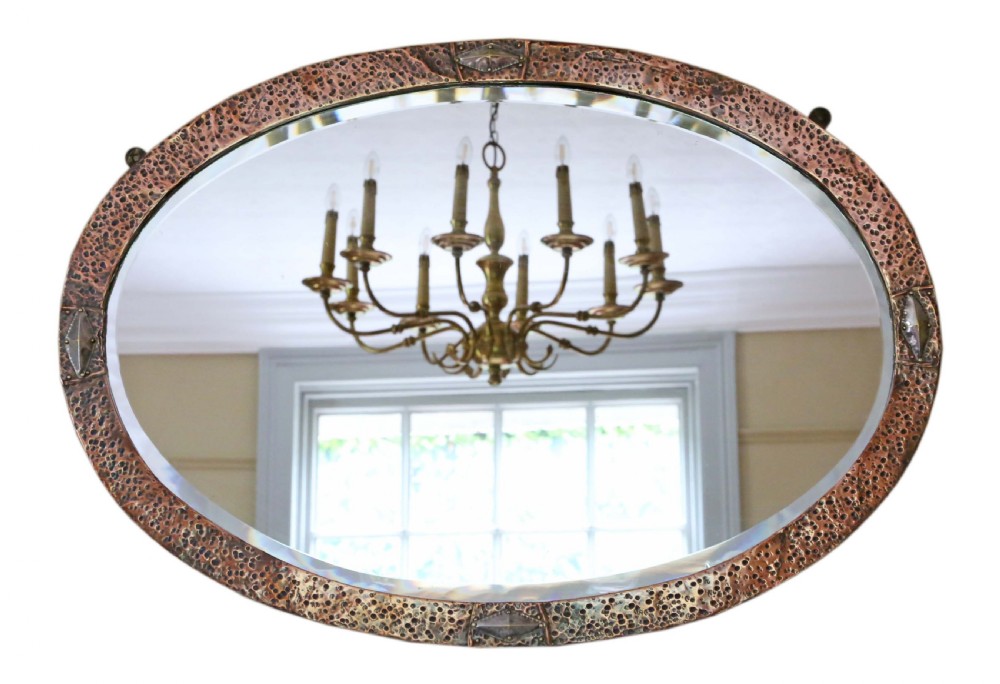 Antique quality Oval Art Nouveau copper and brass overmantle wall mirror C1910