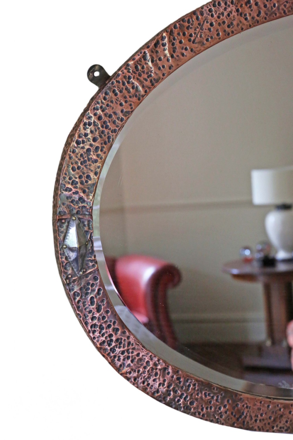 Antique quality Oval Art Nouveau copper and brass overmantle wall mirror C1910 View II