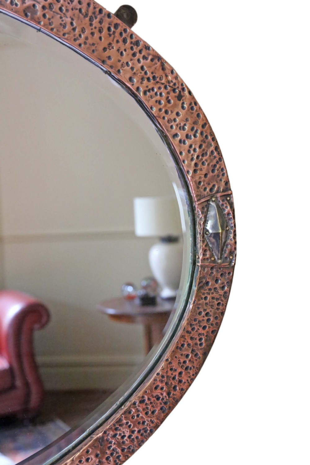 Antique quality Oval Art Nouveau copper and brass overmantle wall mirror C1910 View III
