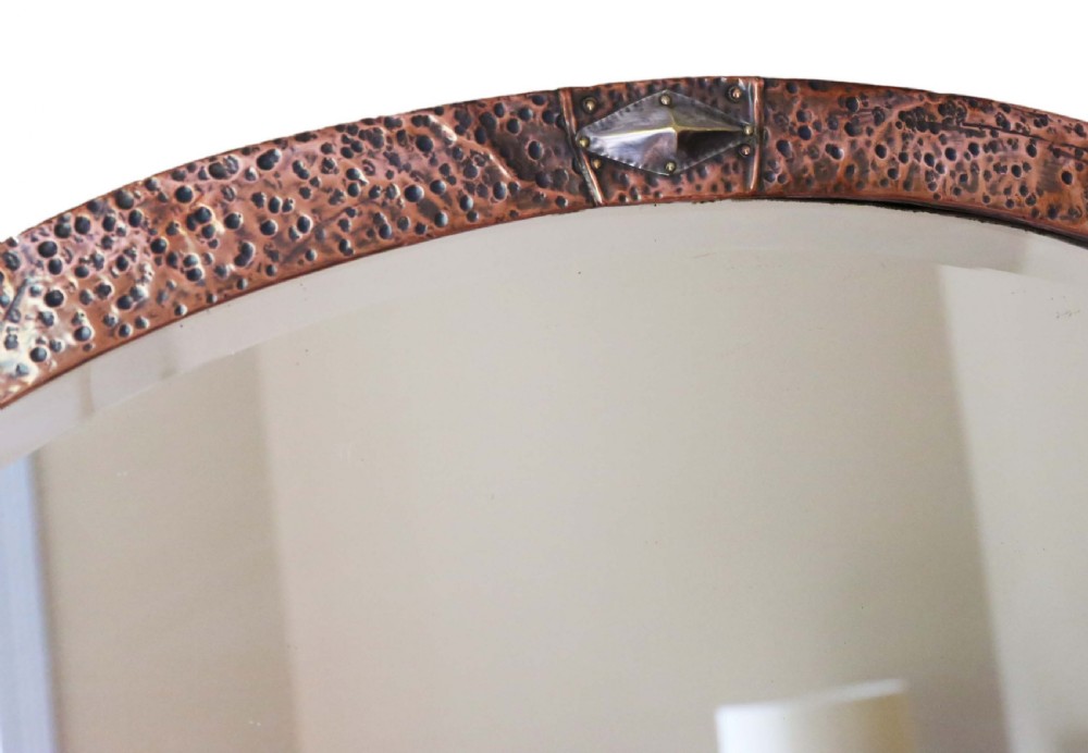 Antique quality Oval Art Nouveau copper and brass overmantle wall mirror C1910 View IV