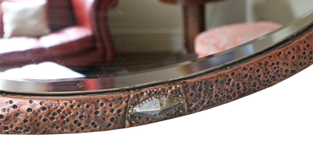 Antique quality Oval Art Nouveau copper and brass overmantle wall mirror C1910 View V