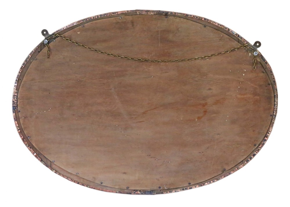 Antique quality Oval Art Nouveau copper and brass overmantle wall mirror C1910 View VI
