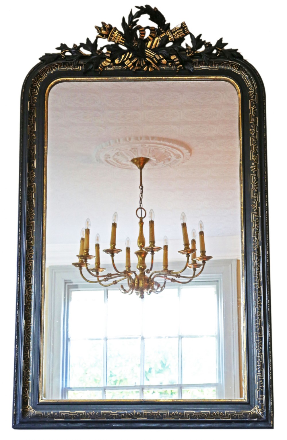 Antique large fine quality decorative ebonised and gilt overmantle wall mirror 19th Century