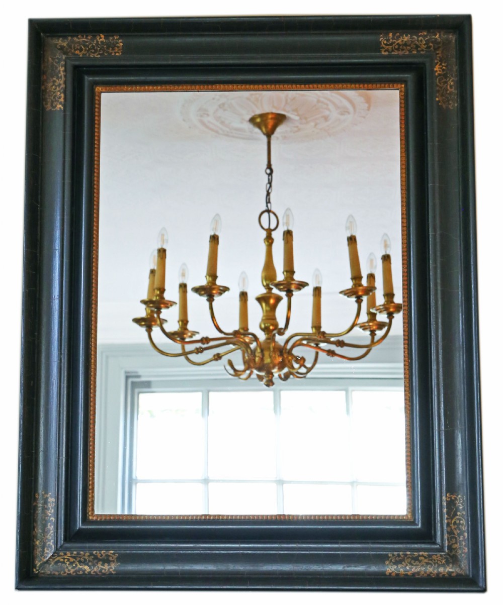 Antique large quality decorative ebonised and gilt overmantle wall mirror C1900