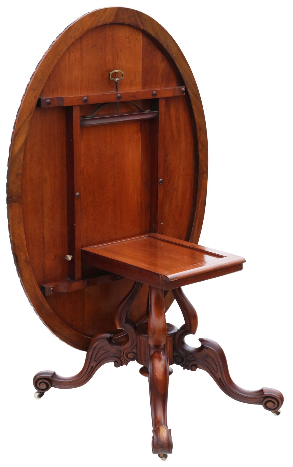 Antique fine quality large 19th Century Victorian burr walnut oval loo breakfast table with a tilt top View IV
