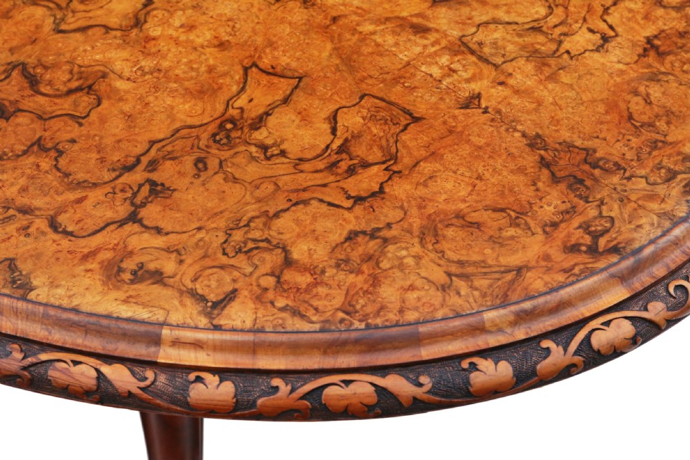 Antique fine quality large 19th Century Victorian burr walnut oval loo breakfast table with a tilt top View VIII