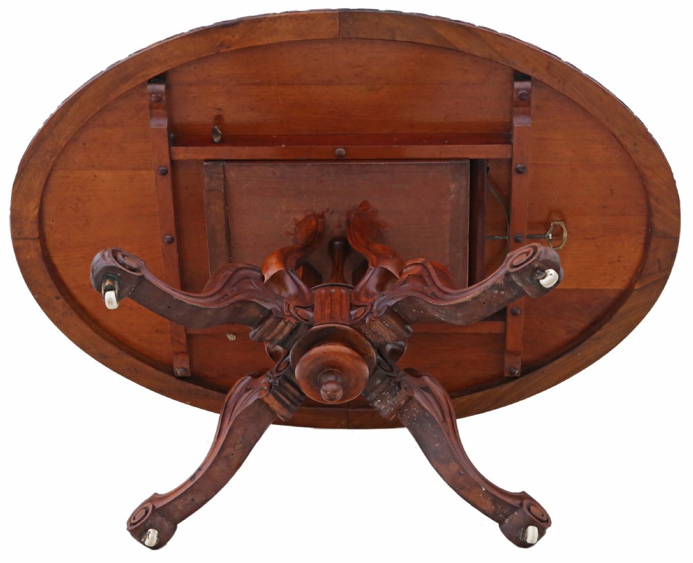Antique fine quality large 19th Century Victorian burr walnut oval loo breakfast table with a tilt top View IX