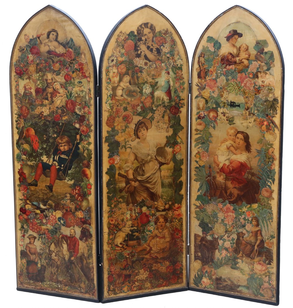 Antique large fine quality Victorian Gothic arched 19th Century decoupage dressing screen