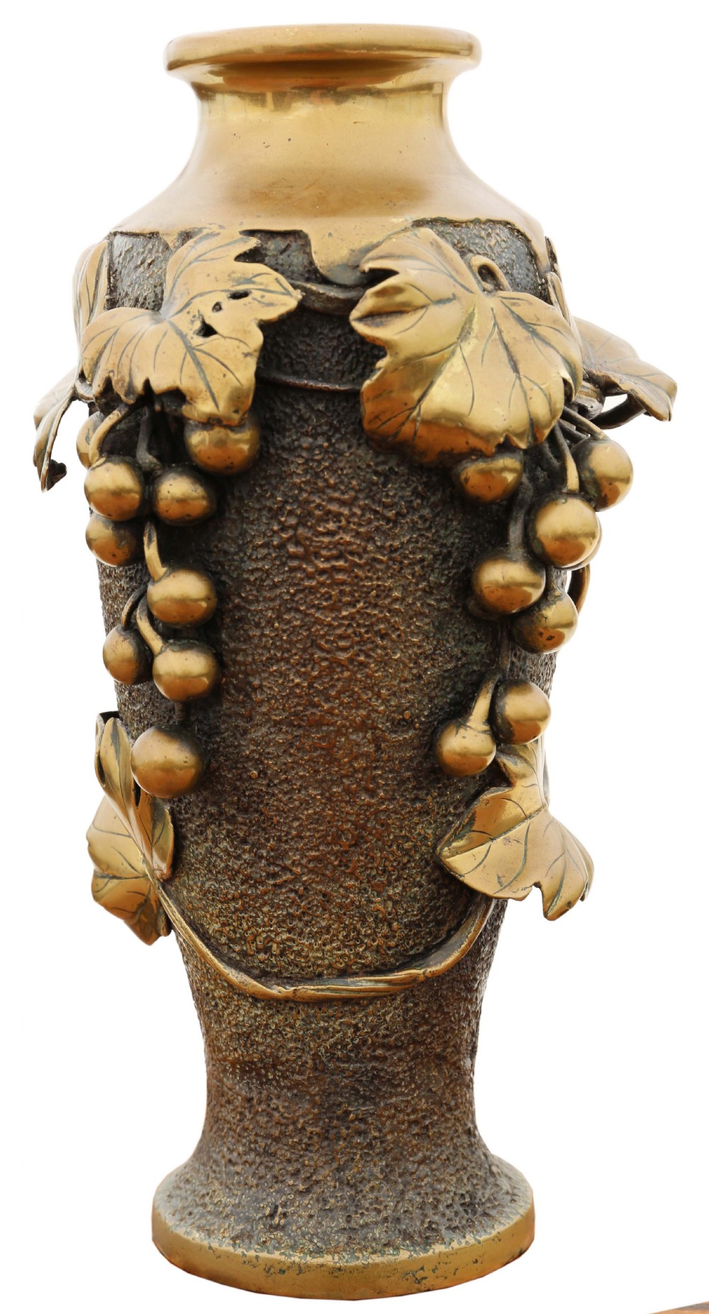 A Japanese Meiji period bronze vase featuring high-relief brass grapevine and grape cluster motifs against a textured dark surface.