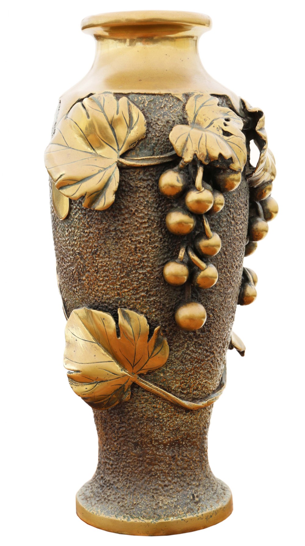 A Japanese Meiji period bronze vase featuring high-relief brass grapevine and grape cluster motifs against a textured dark surface. View II
