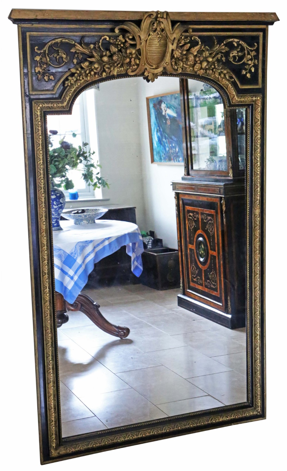 Antique 19th Century very large quality ebonised and gilt overmantle wall mirror