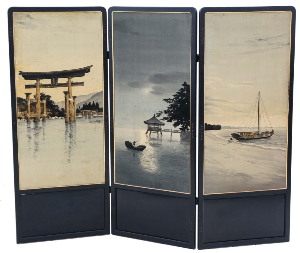 Antique large fine quality Oriental Japanese /Chinese C1900 black lacquer dressing screen