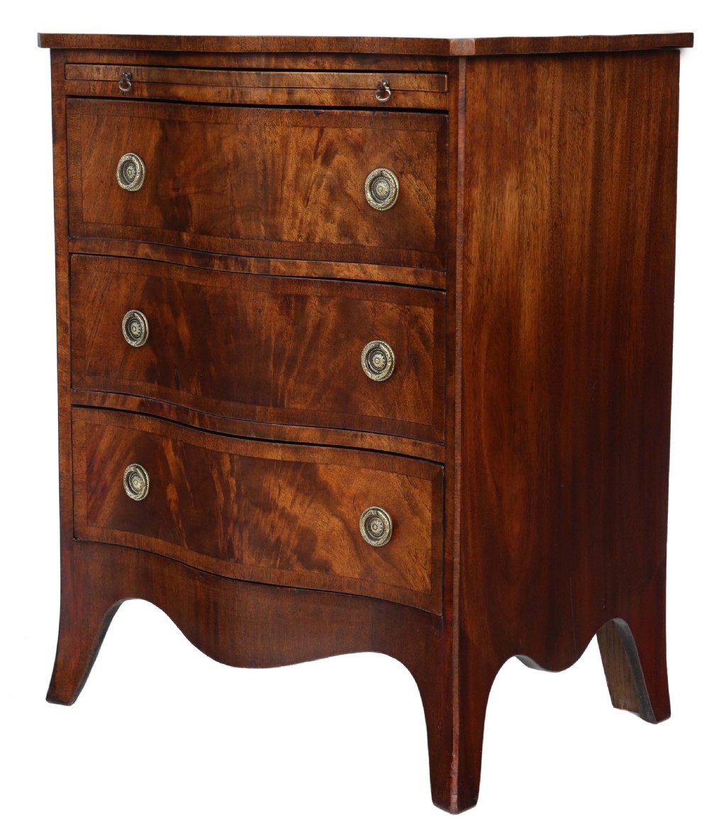Antique quality small Georgian revival flame mahogany serpentine front chest of drawers C1900 View II