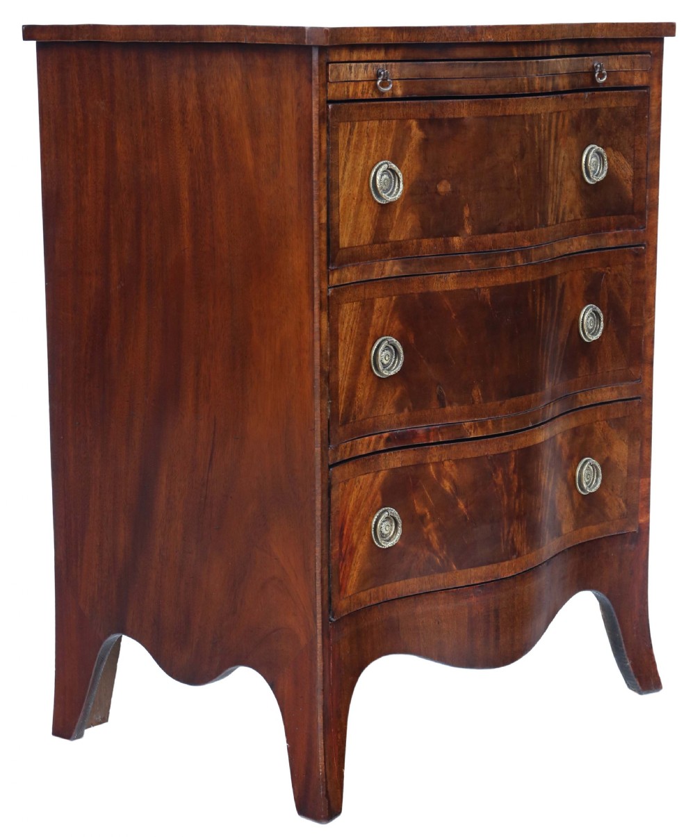 Antique quality small Georgian revival flame mahogany serpentine front chest of drawers C1900 View III