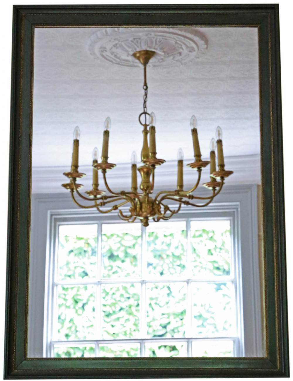 Antique quality large green and gilt C1910 overmantle wall mirror