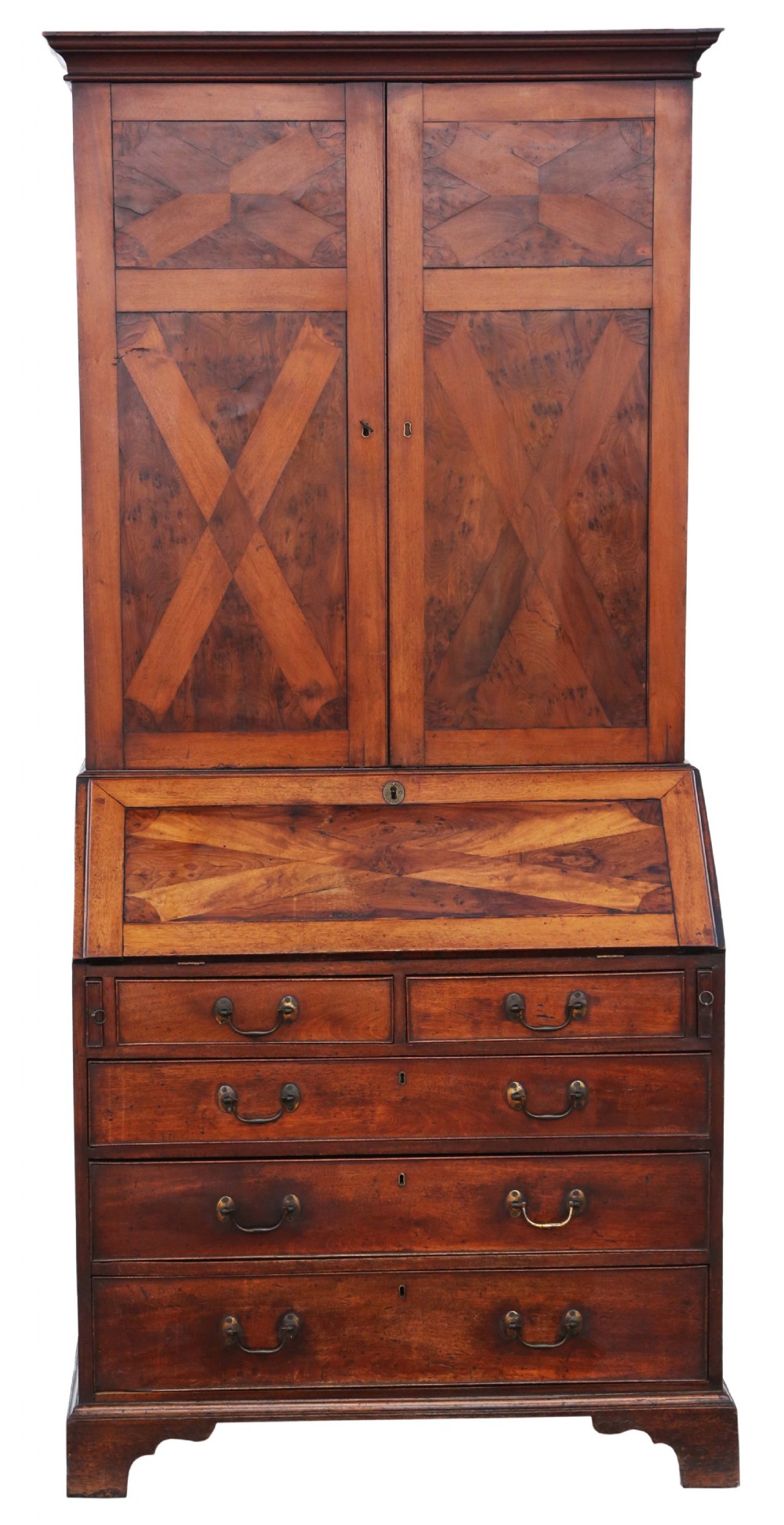 Antique quality Georgian C1800 yew & mahogany bureau bookcase