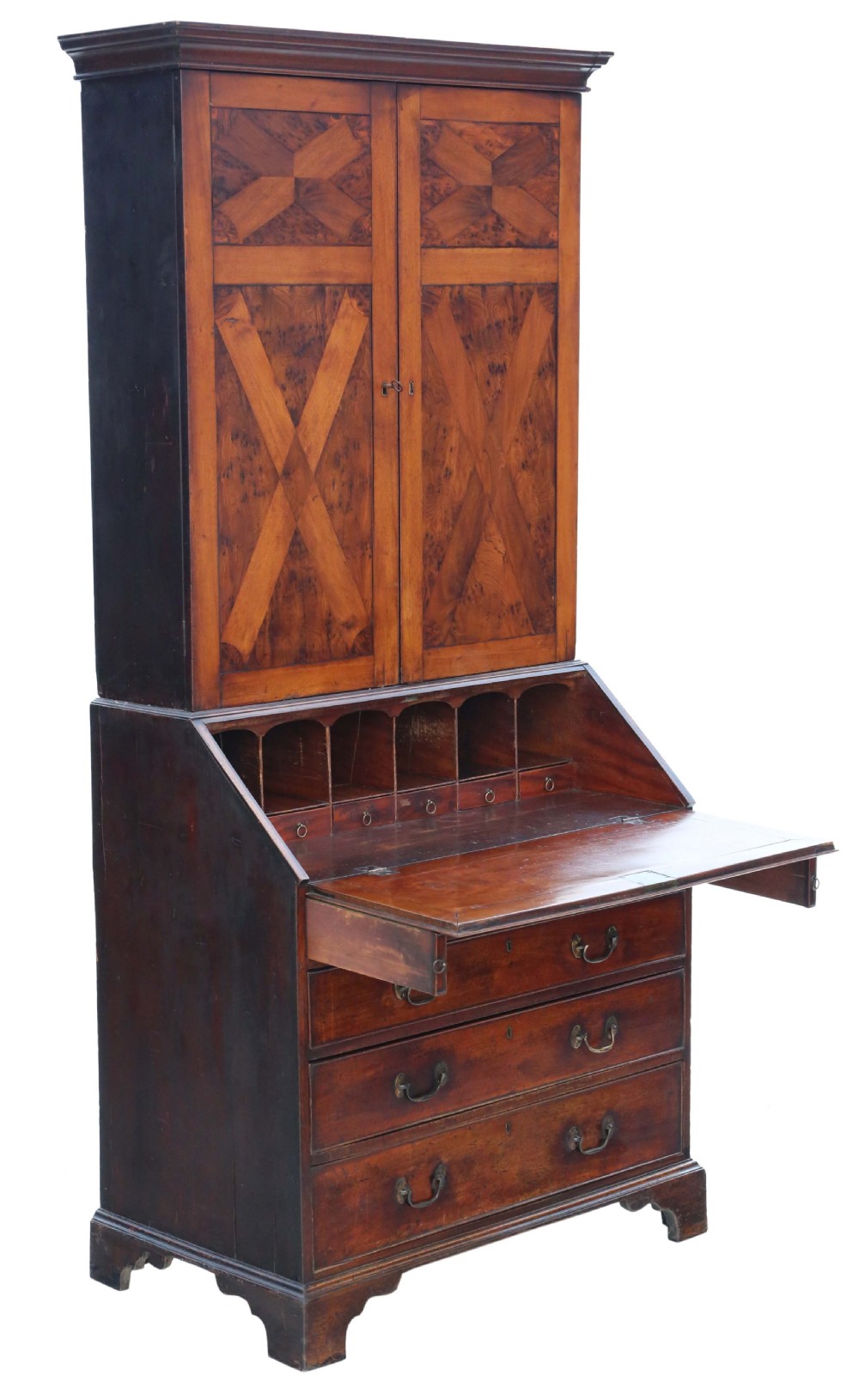 Antique quality Georgian C1800 yew & mahogany bureau bookcase View V