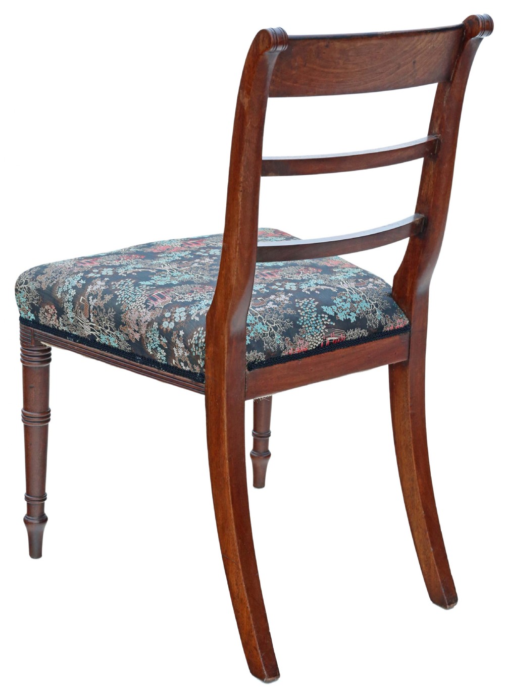Antique quality set of Four Georgian mahogany dining chairs C1800 Chinoiserie fabric View V